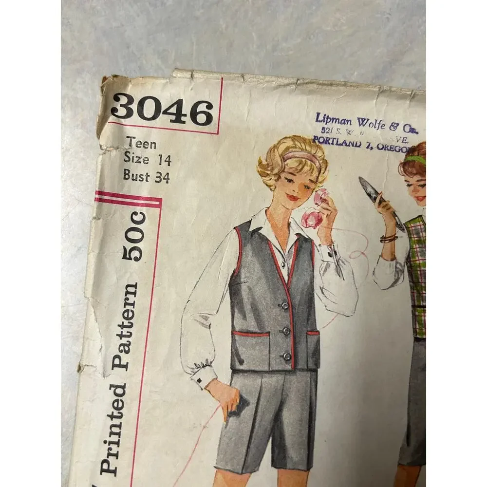 Vintage 50's-60's Simplicity Pattern #3046 Teen Jacket, Shorts and Skirt Size 14